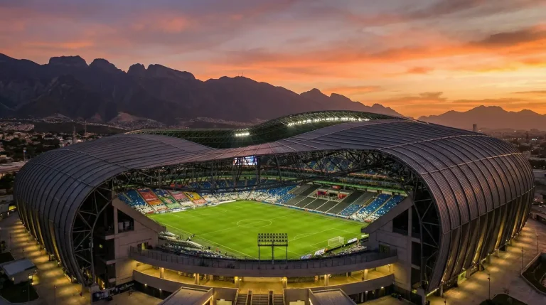 Estadio BBVA i Monterrey med sin karakteristiska böjda takstruktur mot Sierra Madre-bergen