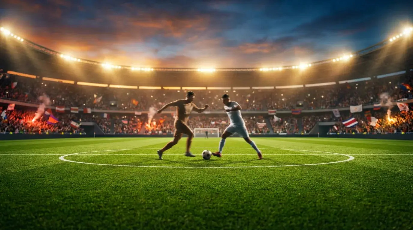 Fotbollsmatch i full gång med publikhav på läktarna under kvällsbelysning