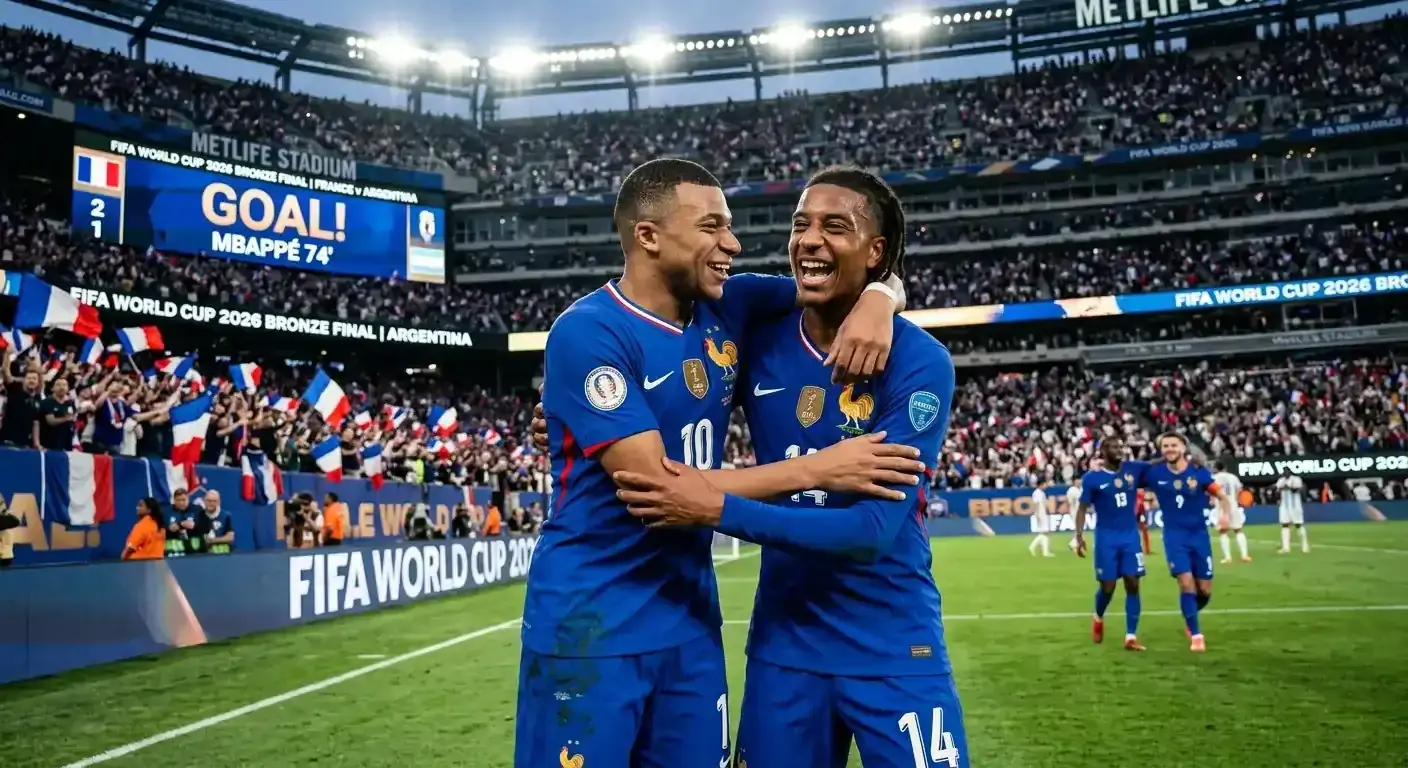 Mbappé och Olise firar under bronsmatchen mot England