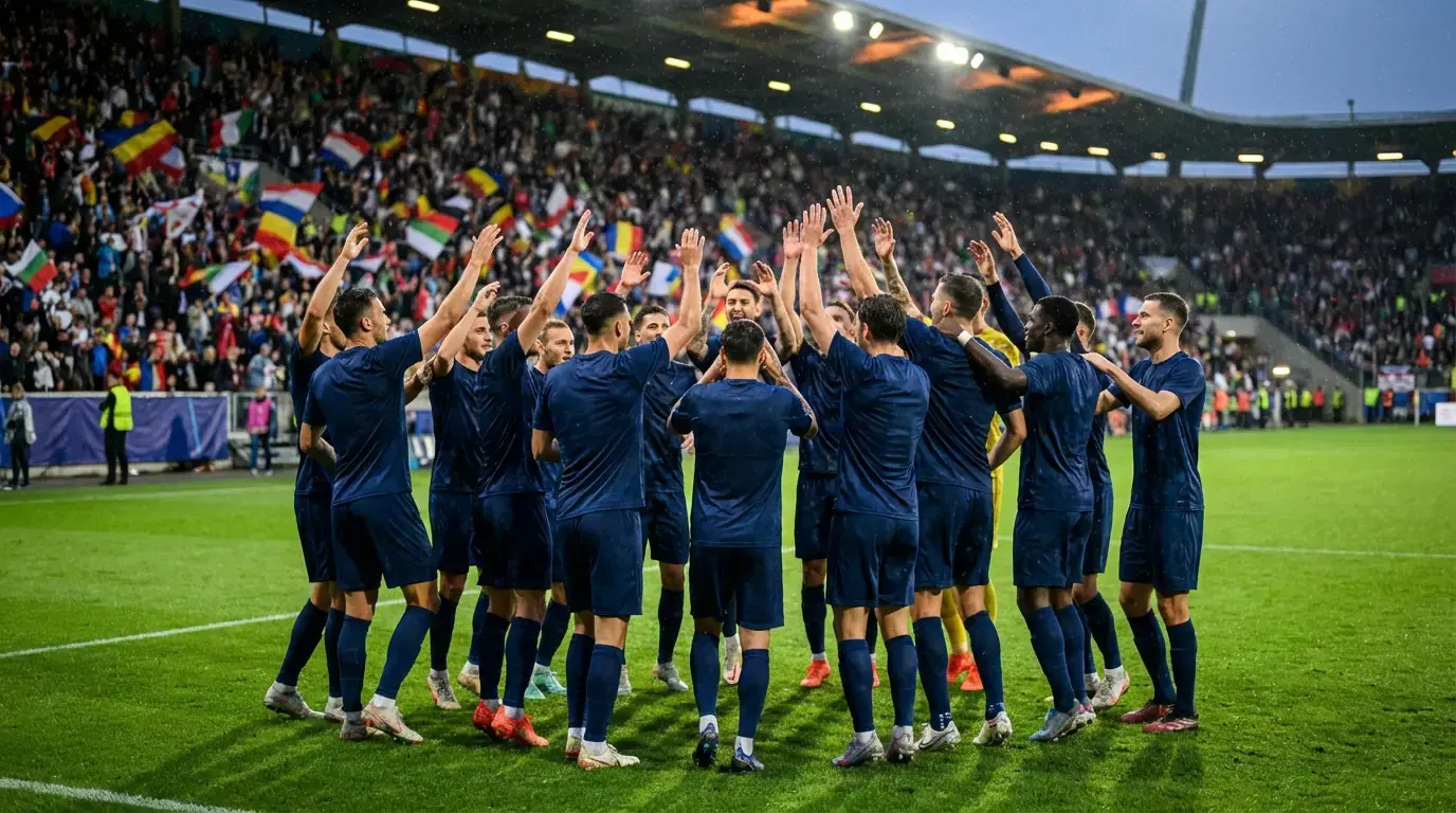 Franska landslaget i blå tröjor på fotbollsplan under VM-match