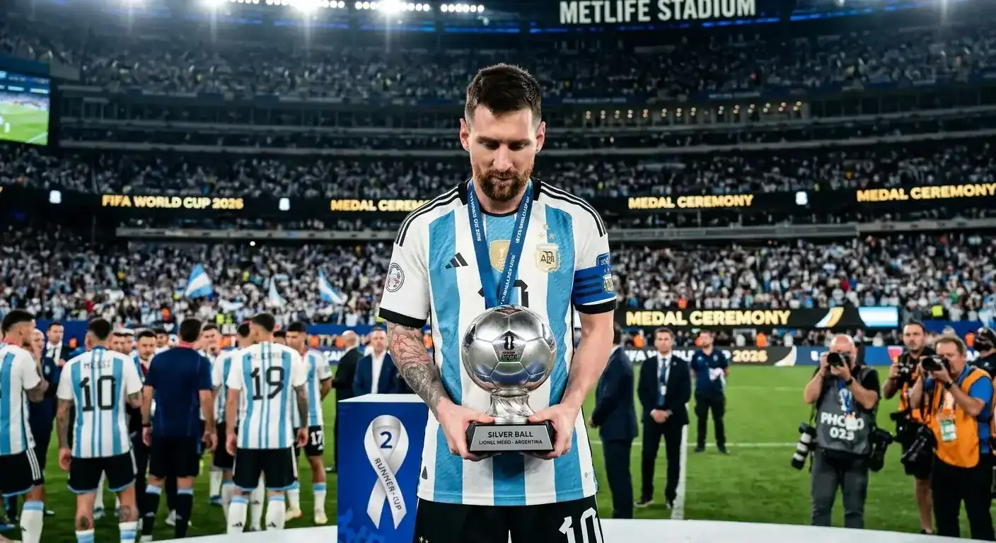 Lionel Messi tar emot Silverbollen efter VM-finalen