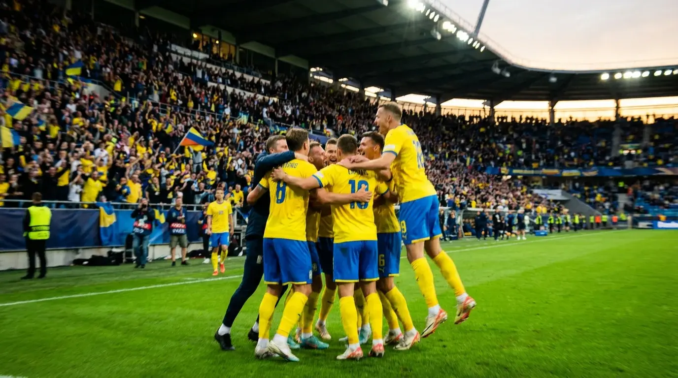 Svenska landslagsspelare i gula tröjor firar mål under kvalmatch