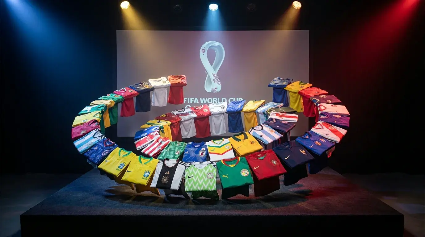 Montage av landslagströjor från alla 48 deltagande nationer i VM 2026