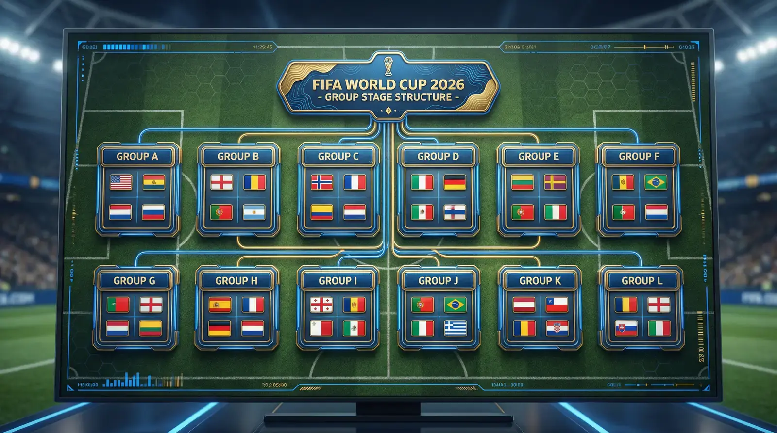 Grafisk översikt av VM 2026:s tolv grupper med nationsflaggor och gruppbokstäver A till L