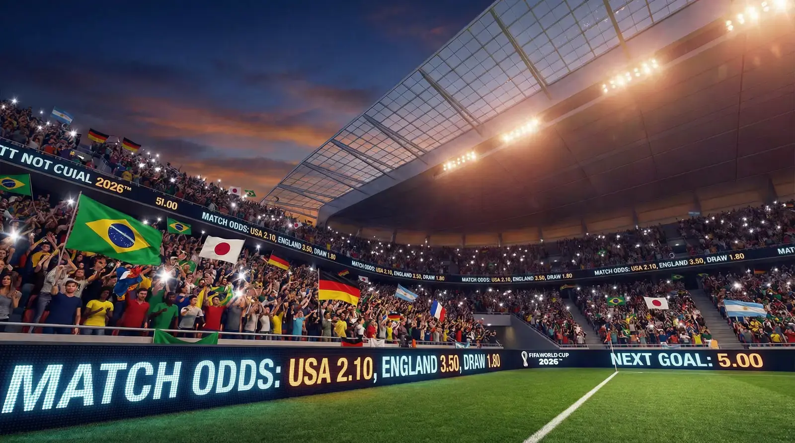 Fotbollsstadion fylld av fans under VM 2026 med odds-tavlor i förgrunden